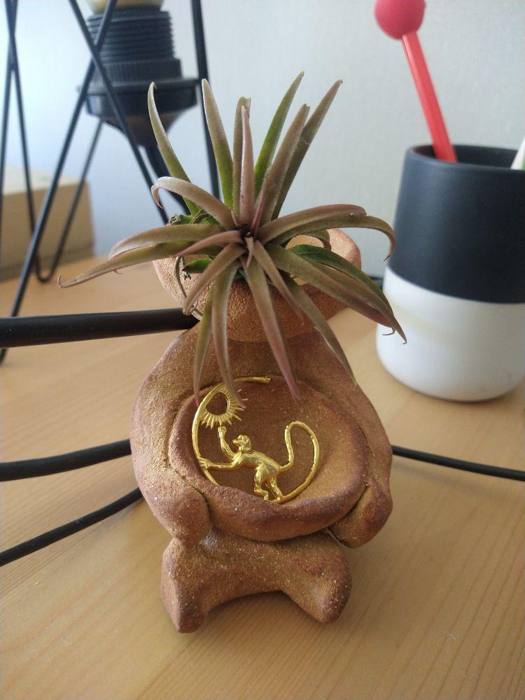 Another zen-looking bowlhead, with an air plant as hair and holding a golden monkey figure on its lap.