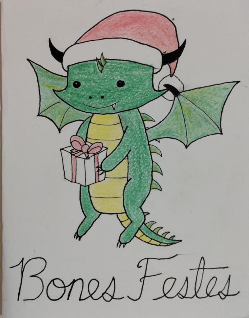 Un drac verd que està amb les ales desplegades i dóna la impressió d'estar volant, amb el cos molt estirat com si fos un bípede. La cueta cau més enllà de les potetes.
Te una expressió molt afable i potser fins i tot una mica nerviosa, deu ser perquè a les manetes porta un paquetet embolicat: un regal. Porta un barret vermell de nadal.

A la part inferior es pot llegir en lletra cursiva el text: "Bones Festes"