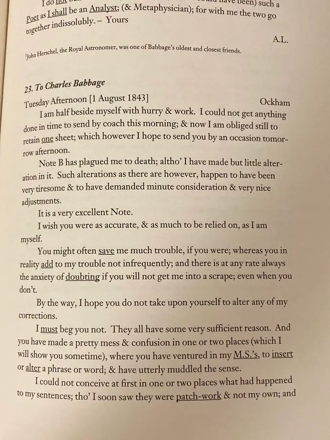 A picture of a book, with a letter from Ada Lovelace to Charles Babbage where she begs him not to touch her maths in the most eloquent and wonderful way.

A couple quotes in the replies.