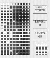 Tetris board losing on level 8 after 48 lines, with a score of 22020.