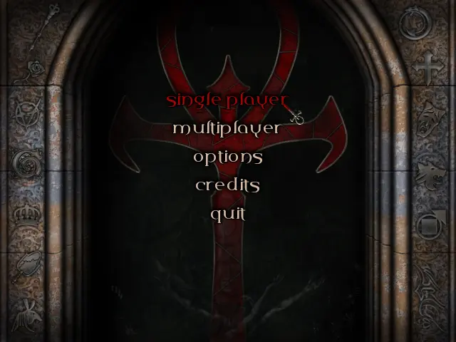 El menú del vídeo joc Vampire the Masquerade - Redemption. A destacar te forma de sarcòfag, amb una Creu d'Anj vermella de fons.
El cursor també és una Creu d'Anj.