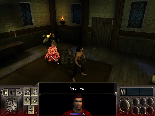 Una sala iluminada amb torxes, on hi ha dues monges, una d'elles amb una torxa espantant dos monstres petits.
En primer plànol està Christoph en pantalons però a pit descobert, que ha agafat la seva espassa i es dedicarà a matar bitxets.