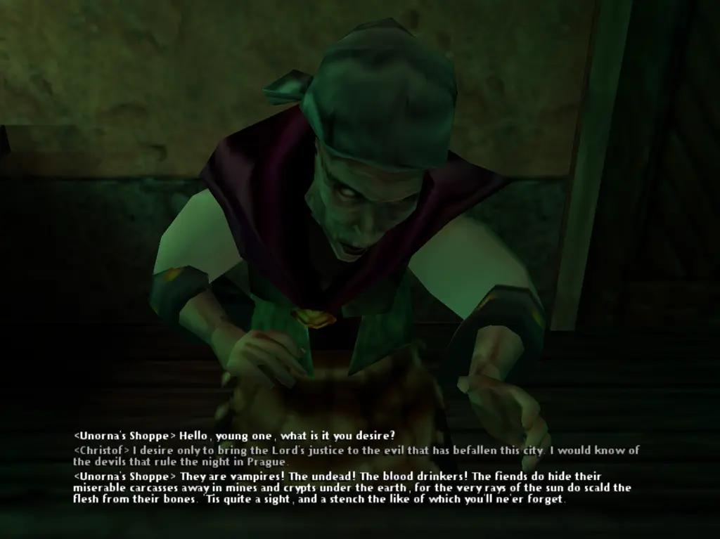 Unorna, una dona Romaní/Gitana, no te l'aspecte més polit de tots els personatges del joc, i Christoph no es mostra entusiasmat a visitar-la.
Però li preguntem per les mines de plata, i ens diu que hi viuen vampirs i fan tota mena de coses impures, que no és pas una cosa a oblidar.