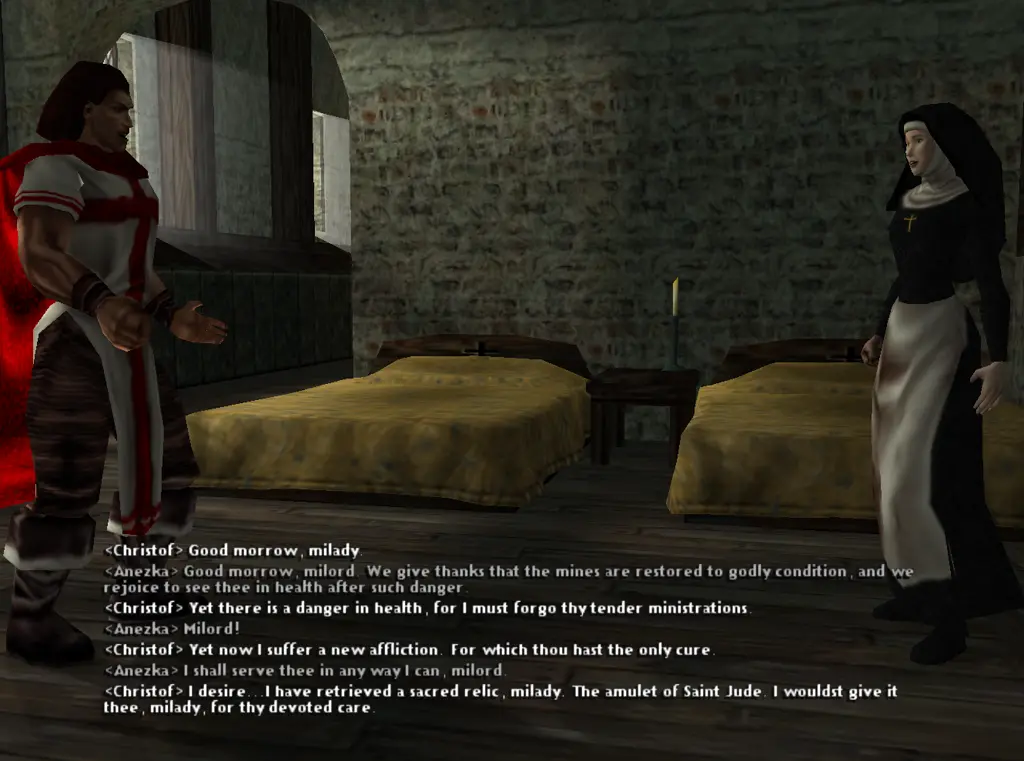 Christoph, vestit de creuat, parlant amb Anezka, vestida de monja.

Aquests dos es dediquen a flirtejar en anglès medieval, i és super sexy.
