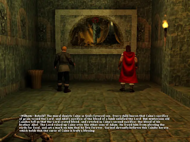 Christoph, encara vestit de creuat, amb Wilhem, observant un quadre amb una reinterpretació de Abel i Caín, on Caín és el fill predilecte de Déu.