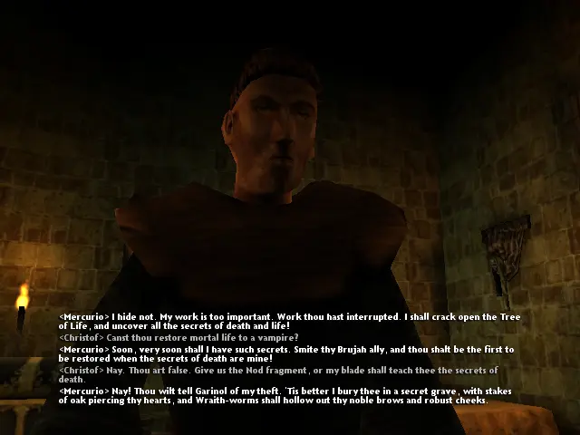 Mercurio, un monjo amb el cap de dalt rapat i el pentinat típic de monjo, ofereix bàsicament retornar-li la vida mortal a Christof, que no se'l creu.
En veure això Mercuriu li diu que com que farà públic que ha robat el fragment del Llibre de Nod, no te cap opció més que assassinar-lo i que els cucs es mengin el seu fantàstic cos.