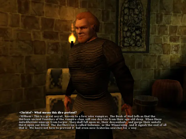 Wilhem en la sala de Mercurio il·luminada per una torxa, ens explica de què va el Llibre de Nod.