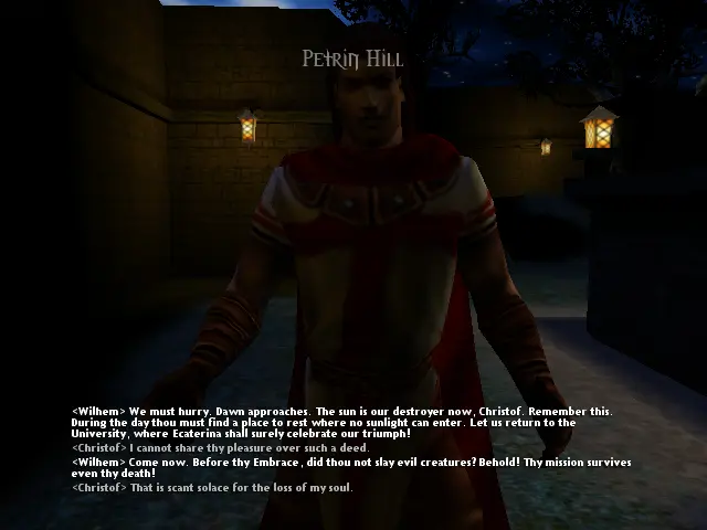 Christof conversant amb Wilhem, de fons es veu el monestir i es veu que el sol està a punt de sortir