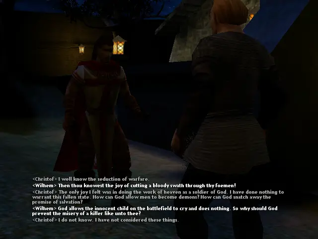 En un angle diferent veiem a Wilhem per darrere, parlant amb Christof, encara estem just a l'entrada del monestir. El sol va sortint, aquests dos xerrant sense parar.