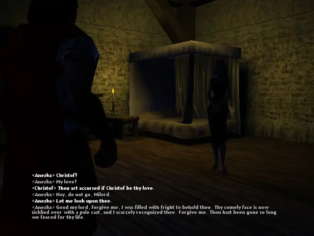 En una habitació una mica més bonica que on s'havia despertat Christof originalment i més aviat, hi ha Anezka de peu amb el llit darrera i mirant a la càmera, amb el llit darrere.
Christof està d'esquenes a la càmera atontat amb Anezka.