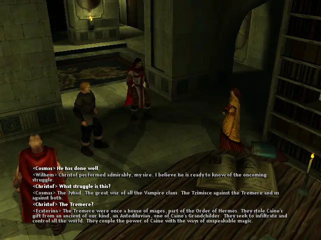 En aquest espai amb prestatgeries plenes de llibres de fons, hi ha una taula rodona enorme en primer plànol amb un llibre obert i una espelma.
Al mig de la escena hi ha quatre persones xerrant: Christof, Wilhem, Cosmas i Ecaterina.