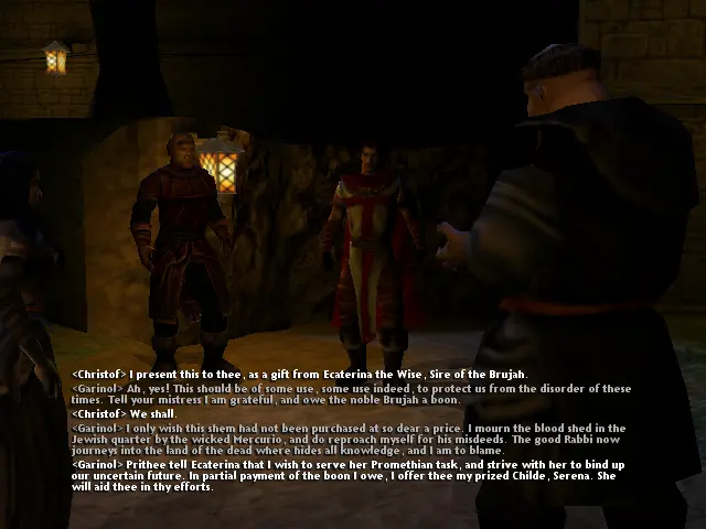 A la dreta d'esquenes Garinol, en robes de monjo i amb el típic tall de cabells de monjo (calb a la part superior i corona fent una anella al cap).
Al mig mirant la càmera els nostres vampirs, amb una muralla de fons i algun llum d'oli que il·luminen.
A l'esquerra de tot, amb cabells blavosos i roba negra: Serena