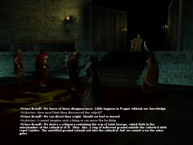 Una sala fosca amb unes escales al mig, que porten a una part de la sala més elevada.
En aquesta part més elevada hi ha un tro, on està assegut el Príncep Brandl.
A la part baixa, tenim alguns guàrdies i la nostra party de 3 (Christof, Wilhem i Serena), juntament amb els Sire Brujah: Ecaterina i Cosmas