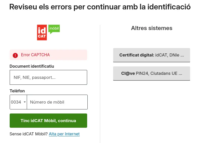 El mateix web d'inici de sessió amb el missatge "Error CAPTCHA"