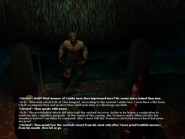 Veiem a Erik, només porta uns pantalons curts, està entre dues pedres.
Erik fa una pinta molt robusta, i sembla tenir garres en comptes de mans.