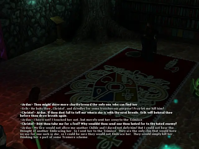 La vista de la sala des de l'altra banda, ara l'equip vampir està d'esquenes i Ardan està de cara. Darrere hi ha una biblioteca i un arbre amb arrels.