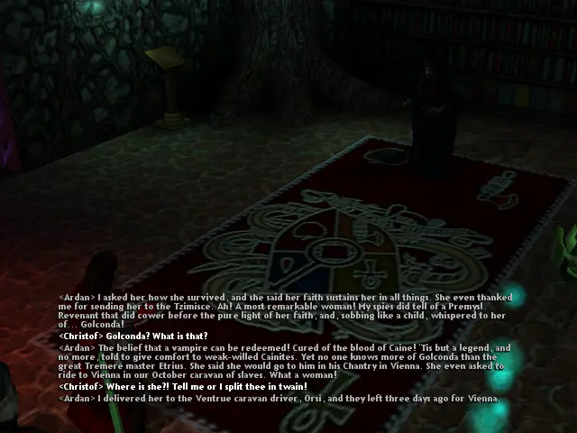 Bàsicament la mateixa imatge anterior. Ardan ens mira, nosaltres estem d'esquenes, rere Ardan hi ha una biblioteca i un arbre.