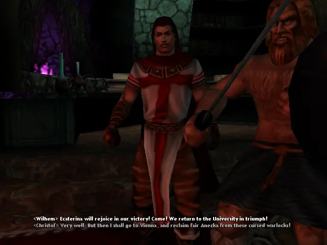 Veiem a Erik amb una espassa, de fons Christof, encara amb la seva vestimenta de creuat, i de fons una taula amb llums sobrenaturals, recipients diversos d'alquímia i llibres oberts.