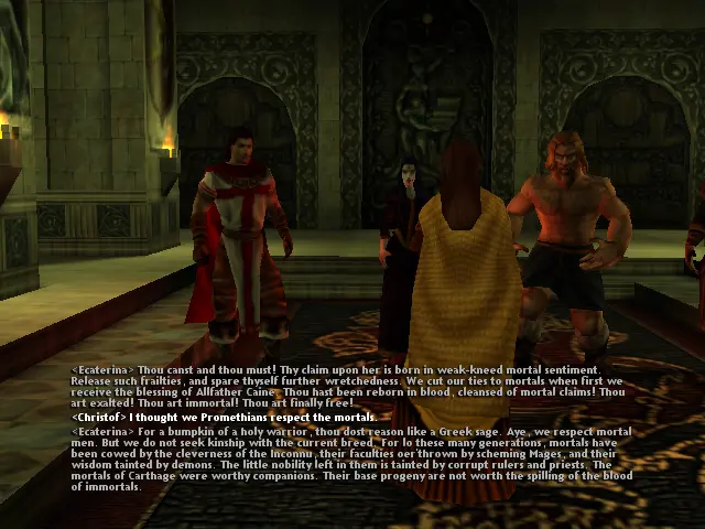 Ecaterina d'esquenes, l'equip de vampirs la mira.
De fons dues portes amb una estàtua al mig.