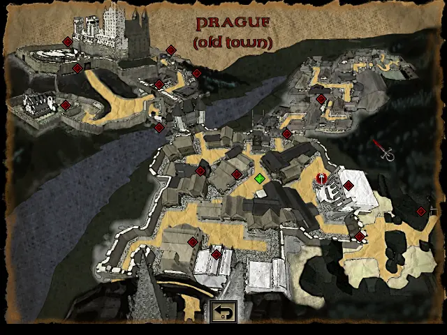 Un mapa de la ciutat antiga de Praga, amb el riu dividint-la, el pont de Judit connectant el castell i Petřín Hill amb la resta de la ciutat.


El mapa dóna l'efecte de ser un mapa antic, com un tros de paper, i dibuixat a mà.