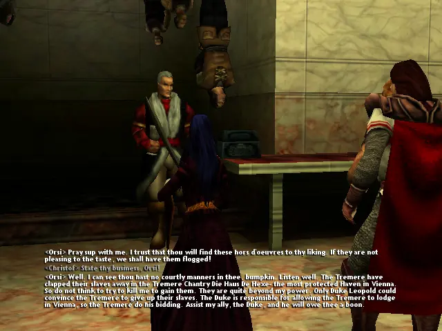 En una altra sala, rere Orsi pengen persones amb robes bastant normaletes lligades del sostre, de manera que la sang els arribi al cap.