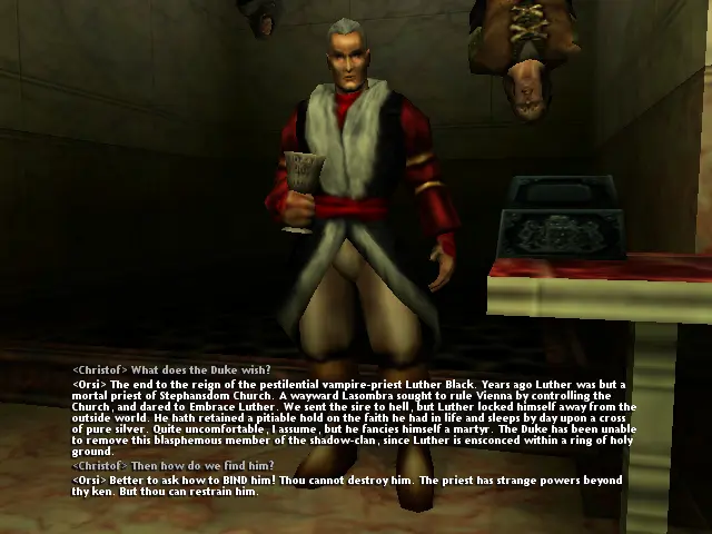 La mateixa imatge d'Orsi en font, amb gent penjant del sostre cap per avall.
Des d'aquest angle, es veu una mica millor que qui penja és el de la taverna, que estava amb les tres vampiresses.