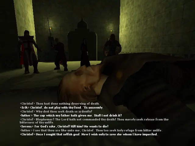 En primer plànol Luther Black estirat a la creu de plata, en segon plànol el nostre equip, l'entrada recorda a l'arquitectura morisca, però la resta de l'habitació és de pedra bastant planera.