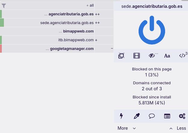 Imatge de uBlock Origin que llista els dominis en què es connecta la pàgina web:
bimappweb.com
itb.bimappweb.com
googletagmanager.com