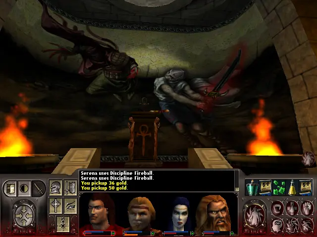 Un altar en un nivell més alt que nosaltres, amb foc a l'esquerra i la dreta, i l'altar te una creu d'Ankh davant i a dalt.
Just al zenit de la sala hi ha una claraboia circular.
A sobre de l'altar hi ha una espasa, i darrere de l'altar hi ha un quadre d'una batalla entre dos éssers: un sembla lluitar amb les mans, que més que mans semblen garres; i l'altre lluita amb una espassa, que dona a pensar que sigui la mateixa que hi ha a l'altar.