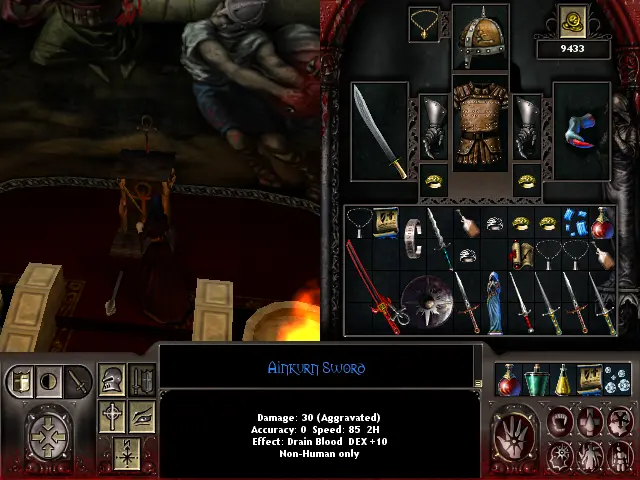 Havent identificat l'espassa amb l'encanteri "toc espiritual", veiem que és l'espassa Ainkurn:
fa 30 de mal, 85 de velocitat, 0 de punteria, però: drena sang i apuja la destresa en +10 punts!