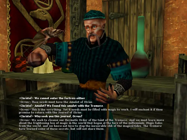 Orvus, amb el seu ratpenat al braç i les seves robes més o menys cerimonials.