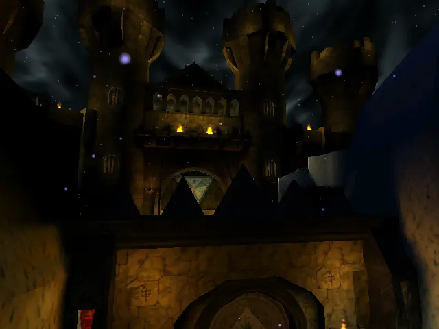 Un castell relativament imponent, amb un edifici central, una torre a cada banda, una muralla exterior amb una torre a cada banda també, tot il·luminat per torxes i aparentment ben vigilat.
Està nevant i es veuen les estrelles de fons.