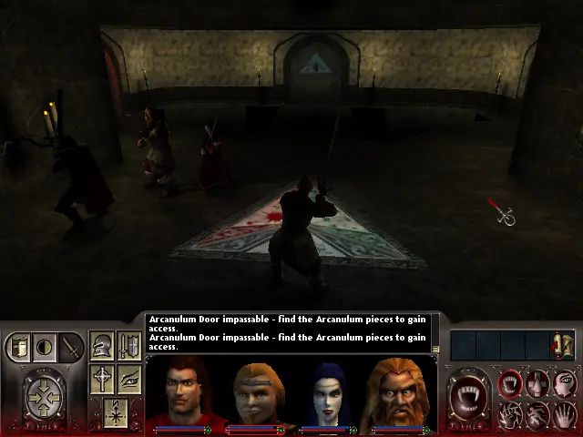 Una sala amb un triangle al mig, els subtriangles formats per cada costat i el centroide tenen colors diferents.
Aquests colors també es estan reflectits en les tres portes que hi ha a la sala.