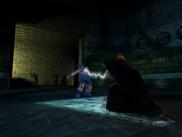 Etrius està disparant algun tipus de raig a Erik que ha sigut forçat a apropar-s'hi, la resta de l'equip s'ho mira.