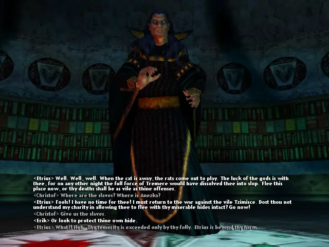 Etrius, un vampir Tremere d'alt nivell amb túniques molt elegants. De fons moltes prestatgeries plenes de llibres.