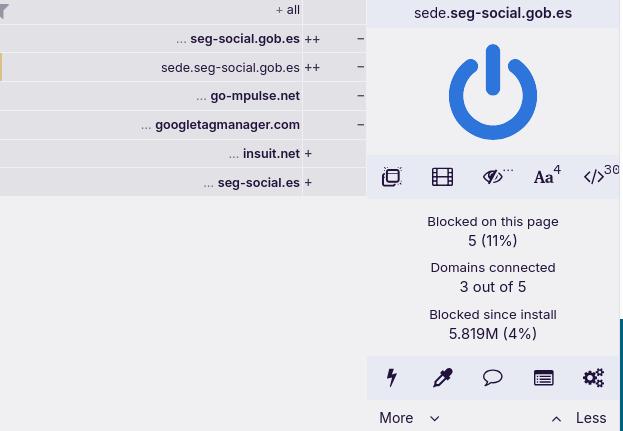 uBlock origin de sede.seg-social.gob.es llistant peticions a:
- go-mpulse.net
- googletagmanager.com
- insuit.net
- seg-social.es