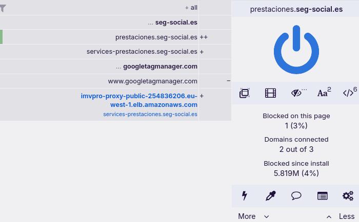 uBlock Origin de prestaciones.seg-social.es amb peticions a:
googletagmanager.com
imvpro-proxy-public....amazonaws.com