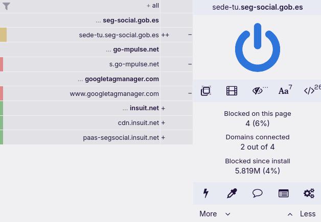 uBlock Origin de sede-tu.seg-social.gob.es amb peticions a:
- go-mpulse.net
- googletagmanager.com
- insuit.net
- paas-segsocial.insuit.net