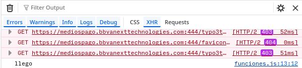 La consola de desenvolupadoris de Firefox, ensenya 2 peticions 403 (Forbidden) una 403 (Not Found), totes al domini mediospago.bbvanexttechnologies.com:444.

Just després, un missatge "llego", a la ubicació "funciones.js:13:12"