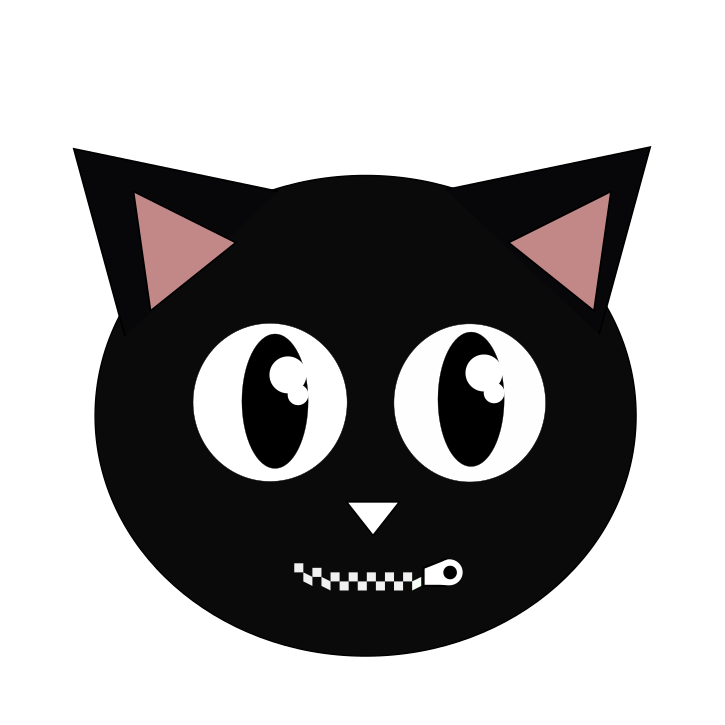 A cute drawing of a cat with a zipper for a mouth and pointy ears
